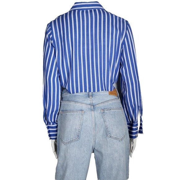 Zara Women's Size Medium Blue Striped Button-Up Blouse Cropped Shirt Collar Top - Picture 5 of 7